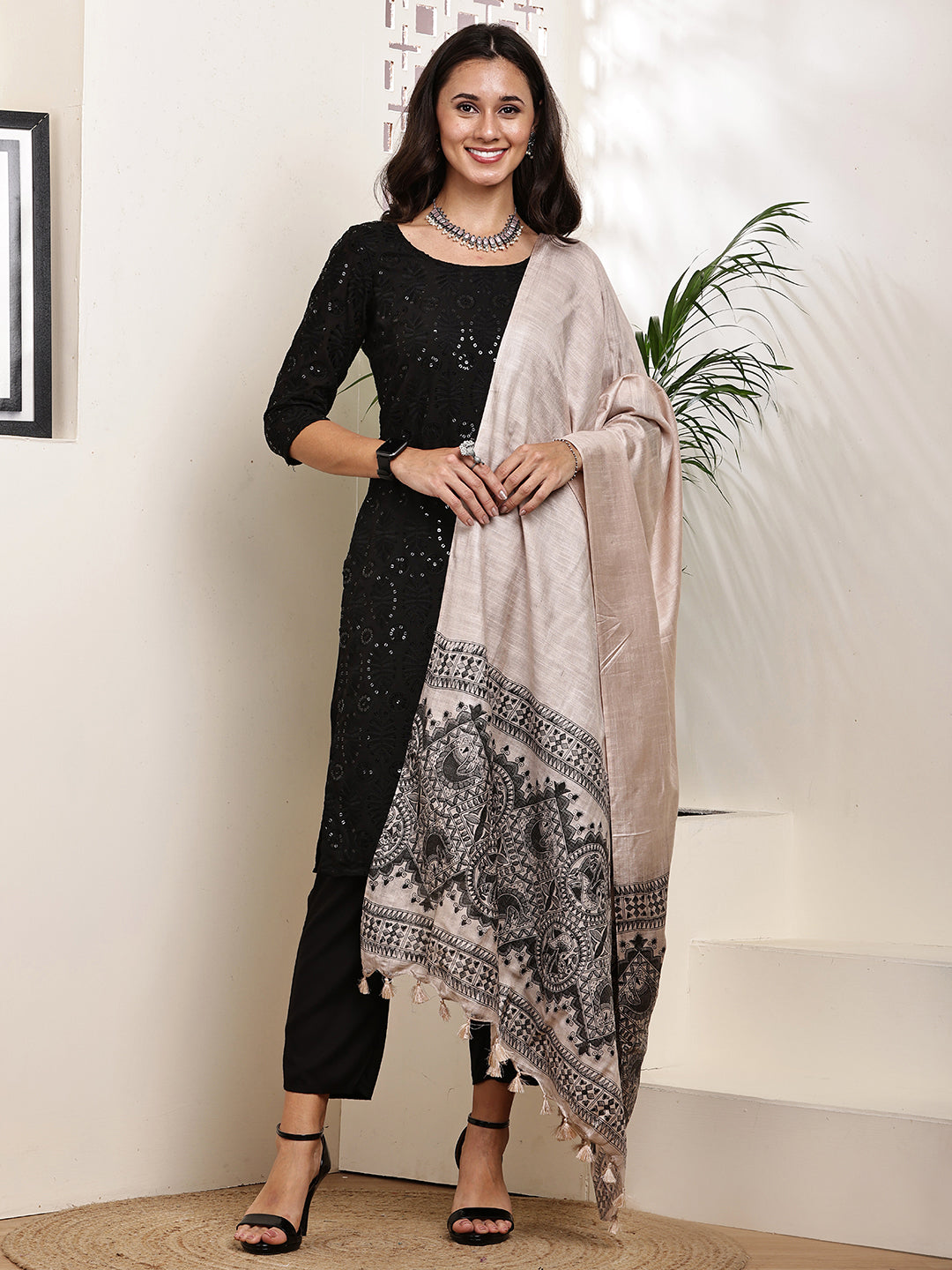 Dupatta-Bhagalpuri Katan - Madhubani Black Fish Pallu