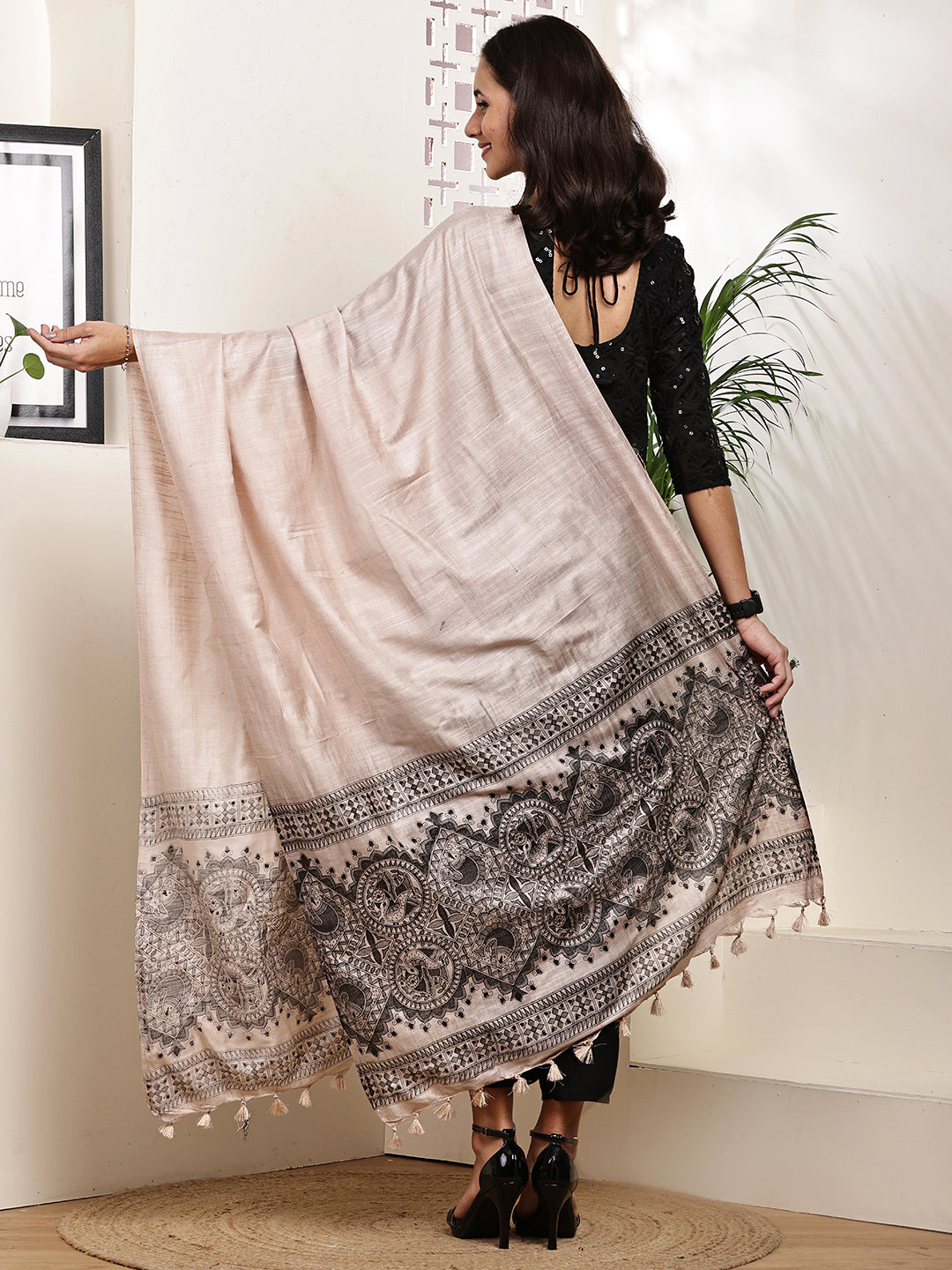 Dupatta-Bhagalpuri Katan - Madhubani Black Fish Pallu