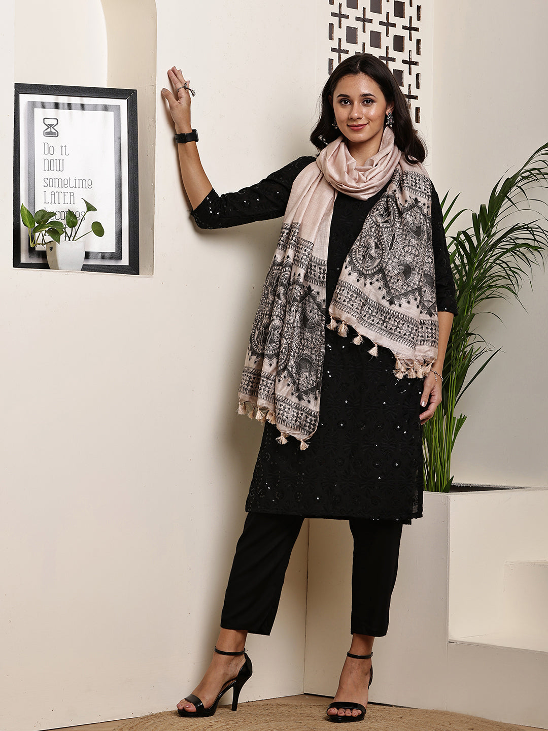 Dupatta-Bhagalpuri Katan - Madhubani Black Fish Pallu