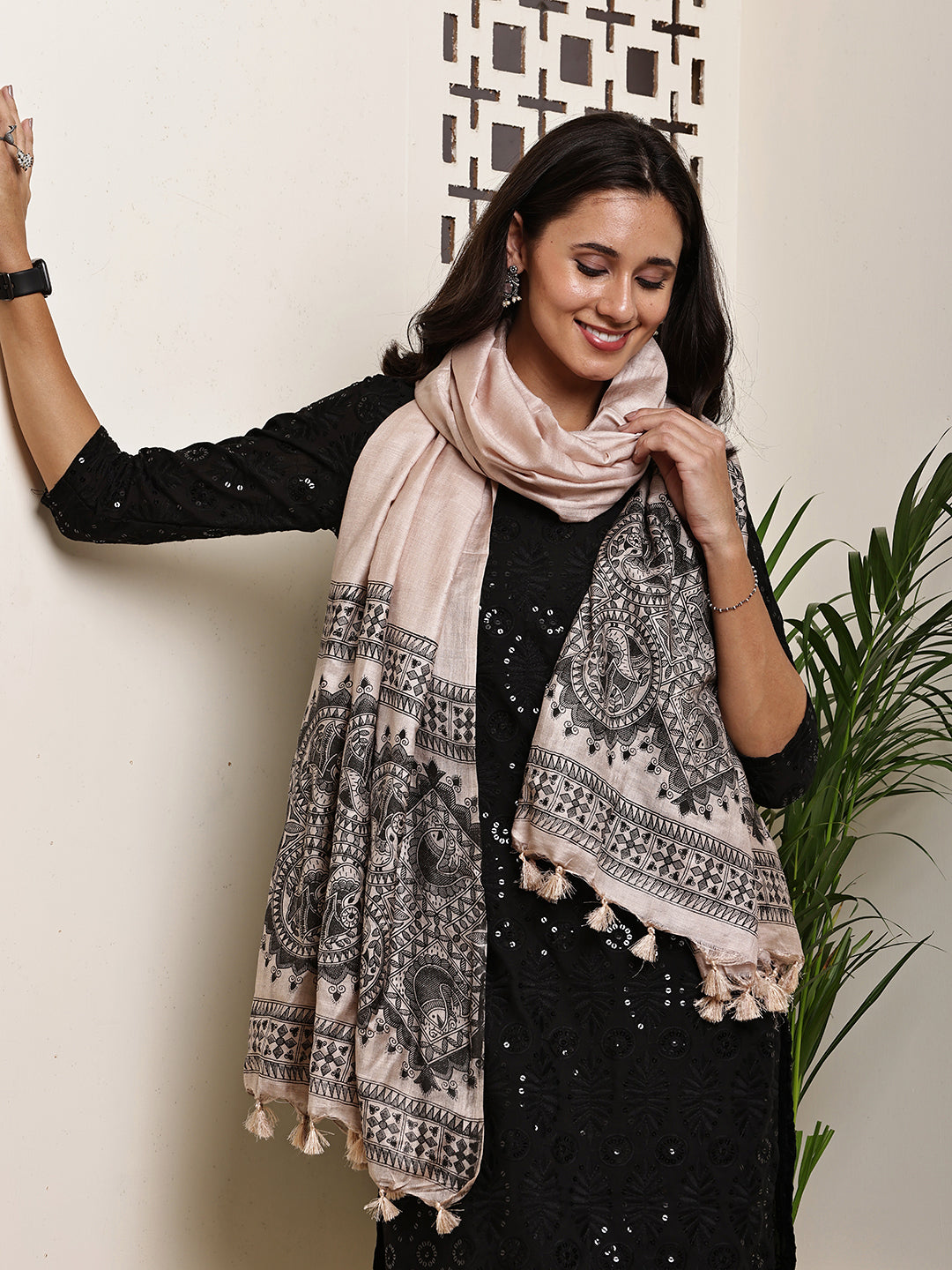 Dupatta-Bhagalpuri Katan - Madhubani Black Fish Pallu