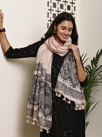 Dupatta-Bhagalpuri Katan - Madhubani Black Fish Pallu