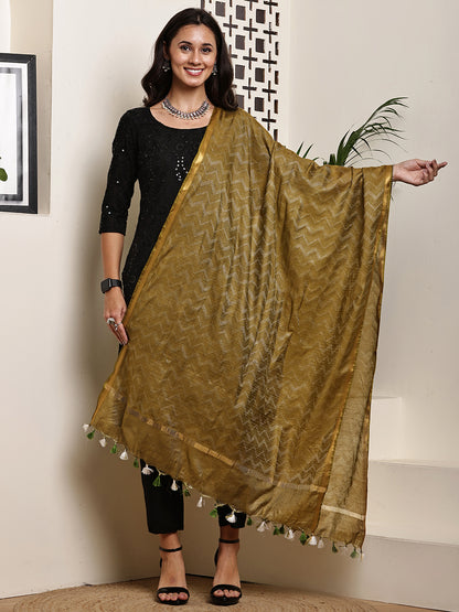 Dupatta- Slub Silk - Olive Green Waves