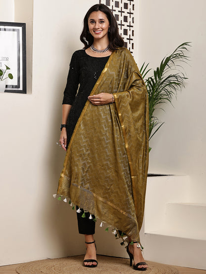 Dupatta- Slub Silk - Olive Green Waves