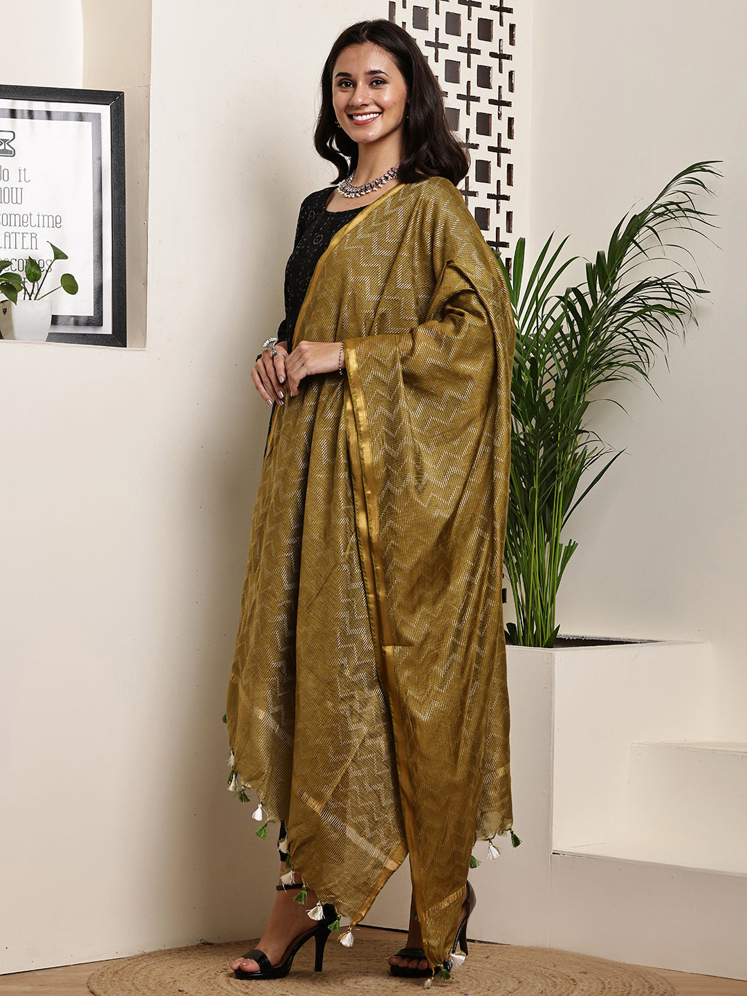 Dupatta- Slub Silk - Olive Green Waves