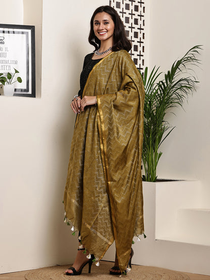 Dupatta- Slub Silk - Olive Green Waves