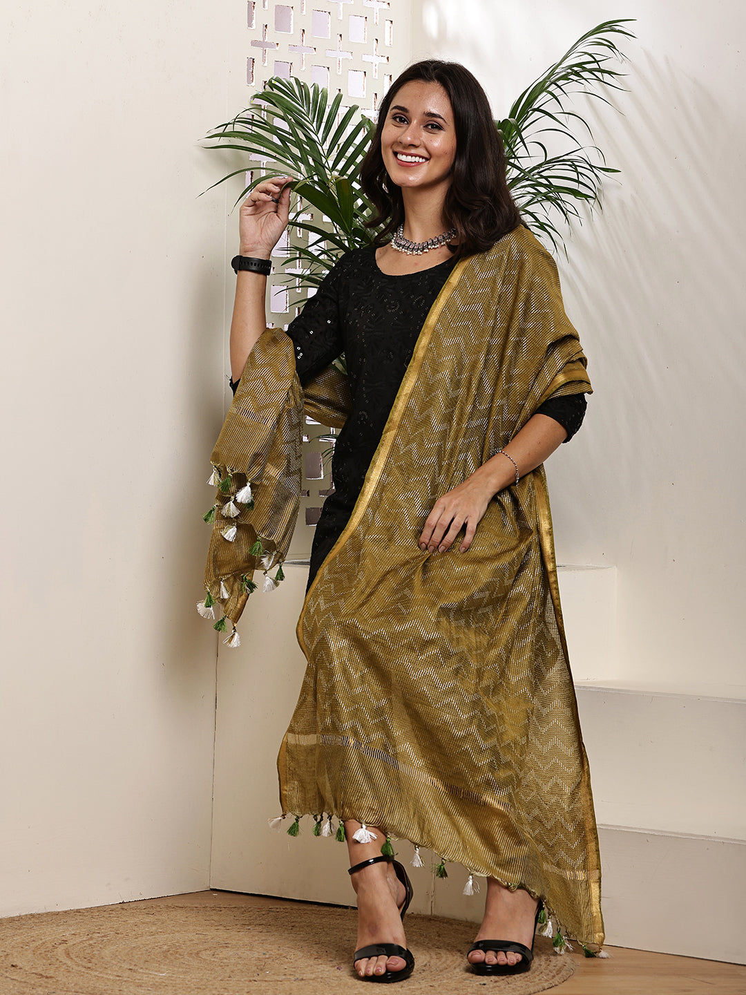 Dupatta- Slub Silk - Olive Green Waves
