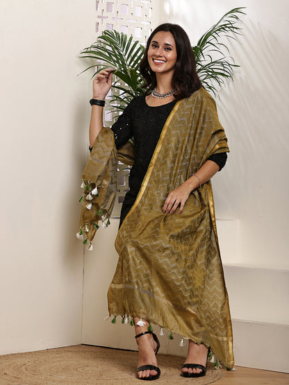 Dupatta- Slub Silk - Olive Green Waves
