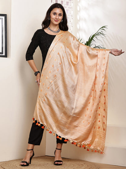 Dupatta-Cotton Silk -Orange  Border Buti