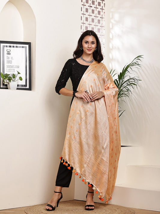 Dupatta-Cotton Silk -Orange  Border Buti
