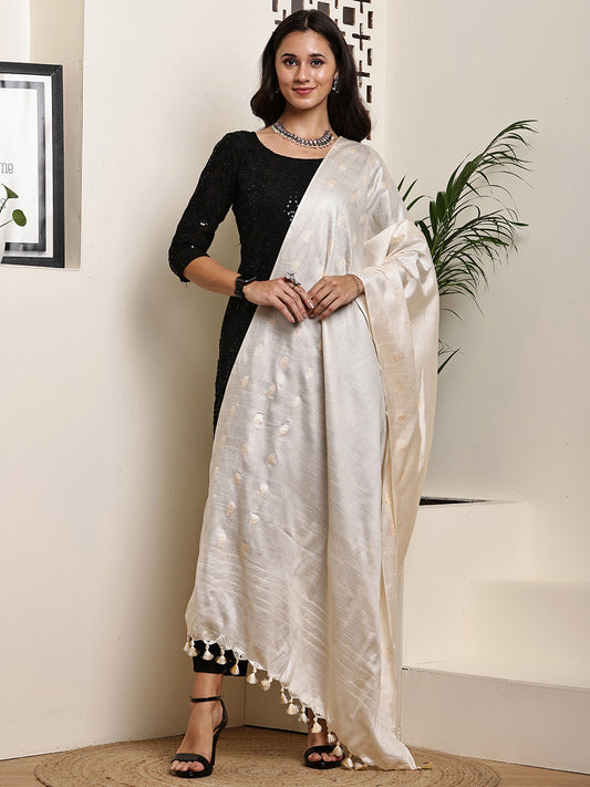 Dupatta-Cotton Silk - Cream Border Buti