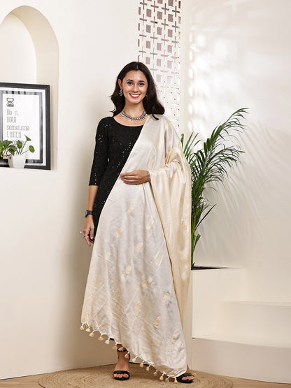 Dupatta-Cotton Silk - Cream  All Over Buti