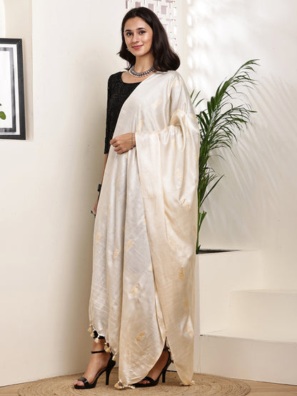Dupatta-Cotton Silk - Cream  All Over Buti