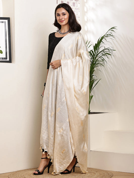 Dupatta-Cotton Silk - Cream  All Over Buti