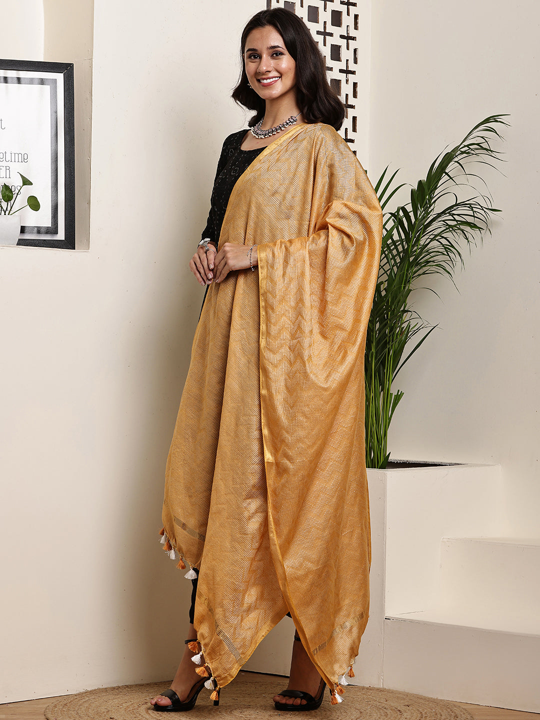 Dupatta- Slub Silk - Mustard Yellow Waves