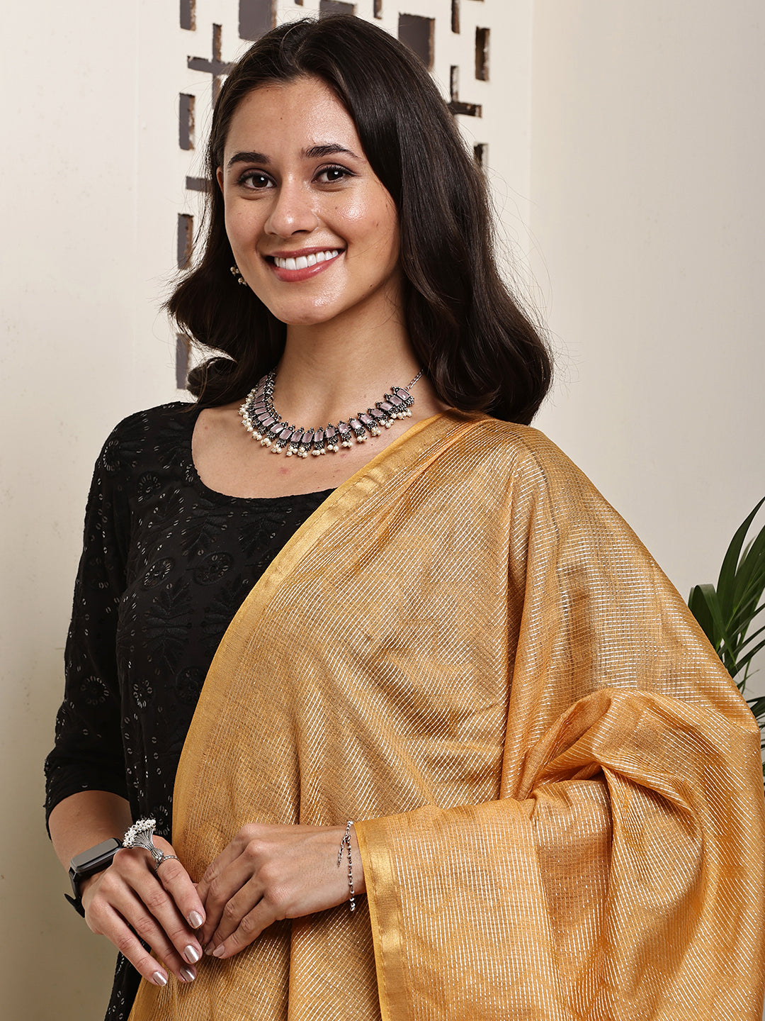 Dupatta- Slub Silk - Mustard Yellow Waves