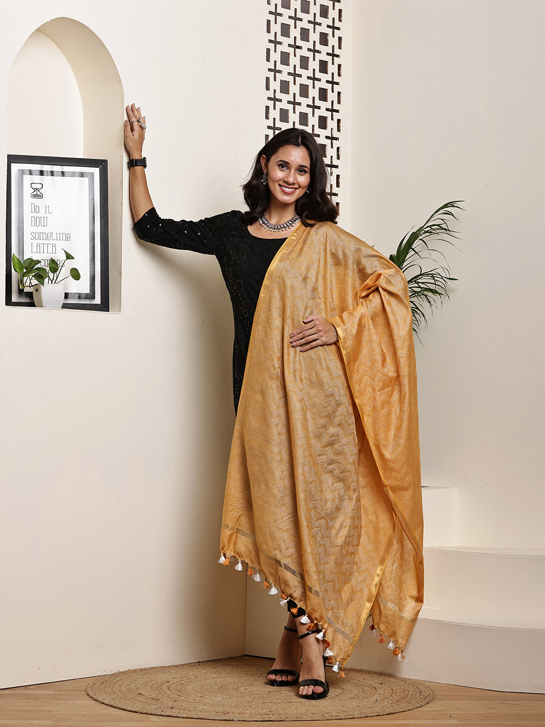 Dupatta- Slub Silk - Mustard Yellow Waves