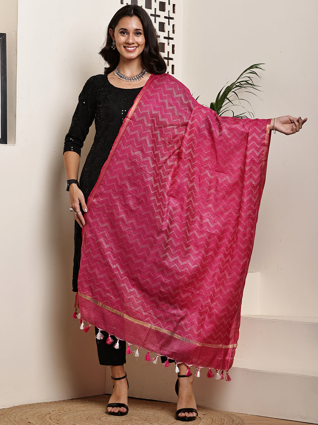 Dupatta- Slub Silk - Rani Pink Waves