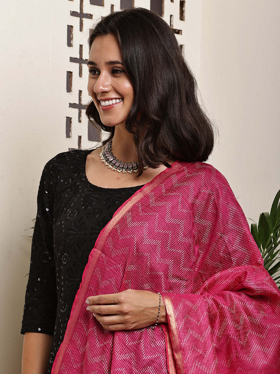 Dupatta- Slub Silk - Rani Pink Waves