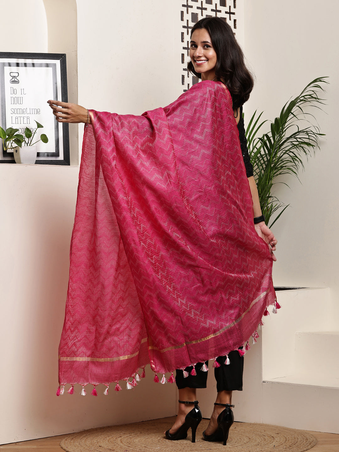 Dupatta- Slub Silk - Rani Pink Waves