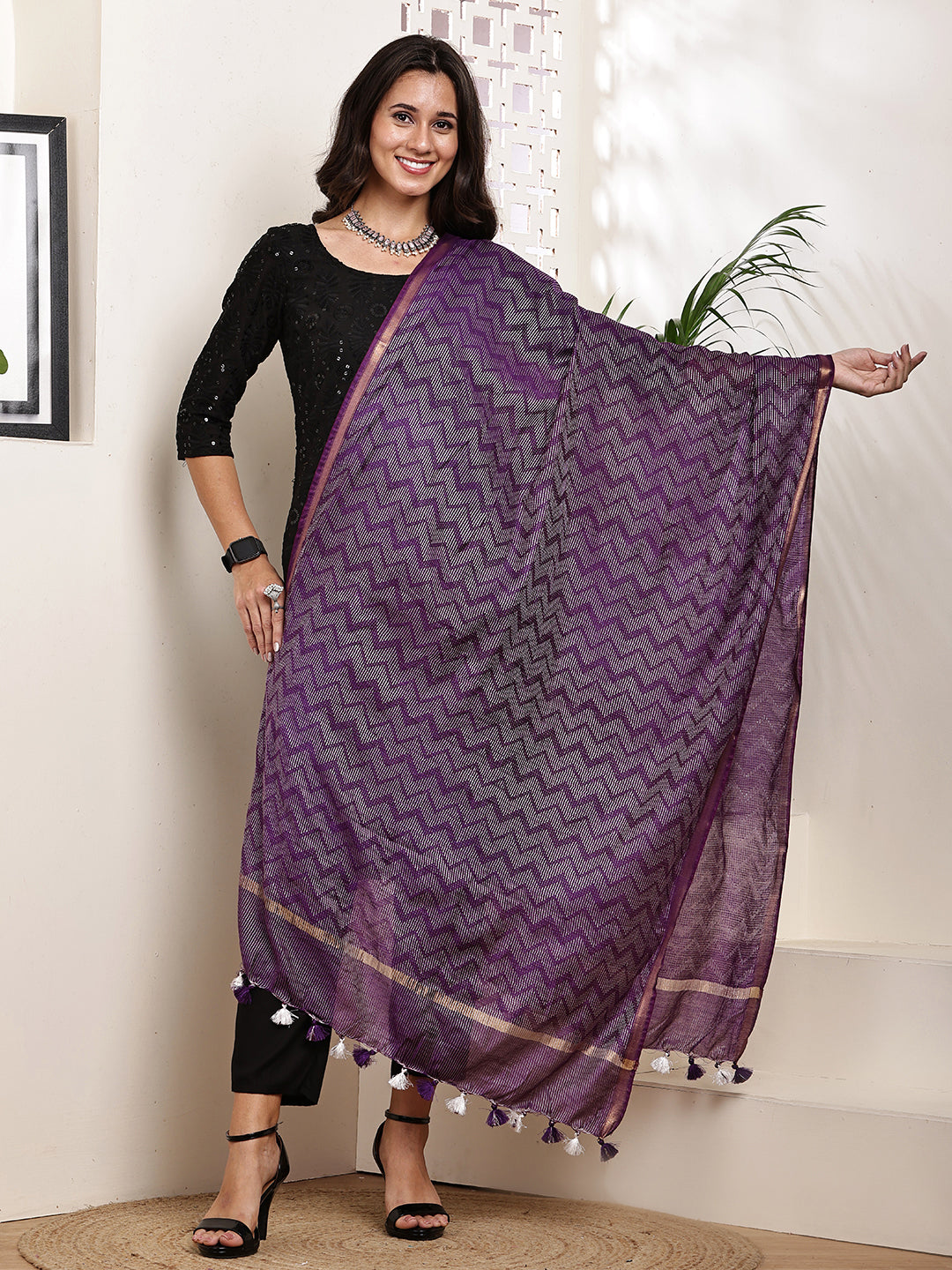 Dupatta- Slub Silk - Purple Waves