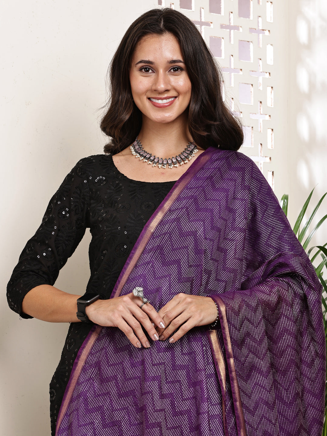 Dupatta- Slub Silk - Purple Waves