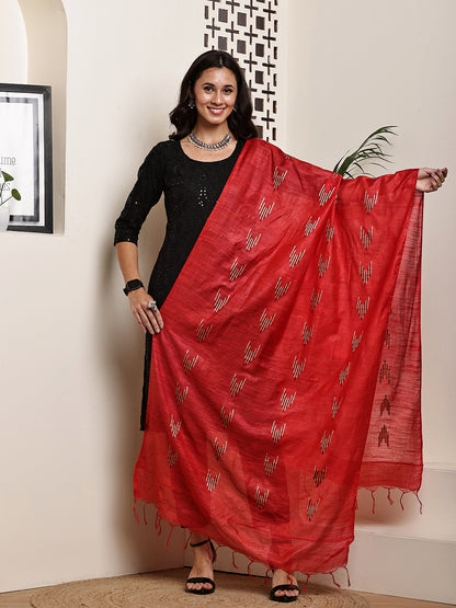 Dupatta-Cotton Slub Silk - Red