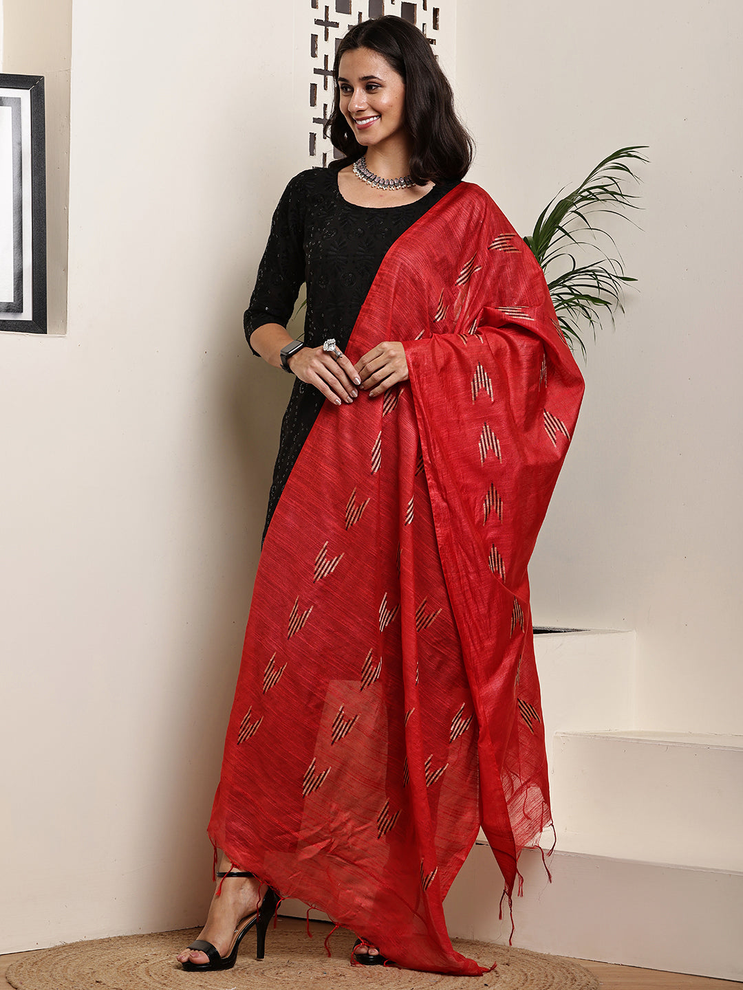 Dupatta-Cotton Slub Silk - Red
