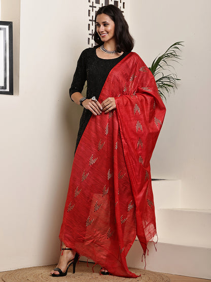 Dupatta-Cotton Slub Silk - Red