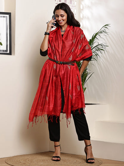Dupatta-Cotton Slub Silk - Red