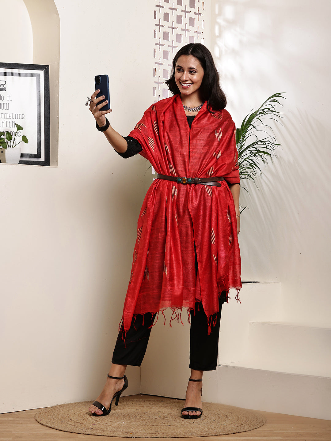 Dupatta-Cotton Slub Silk - Red