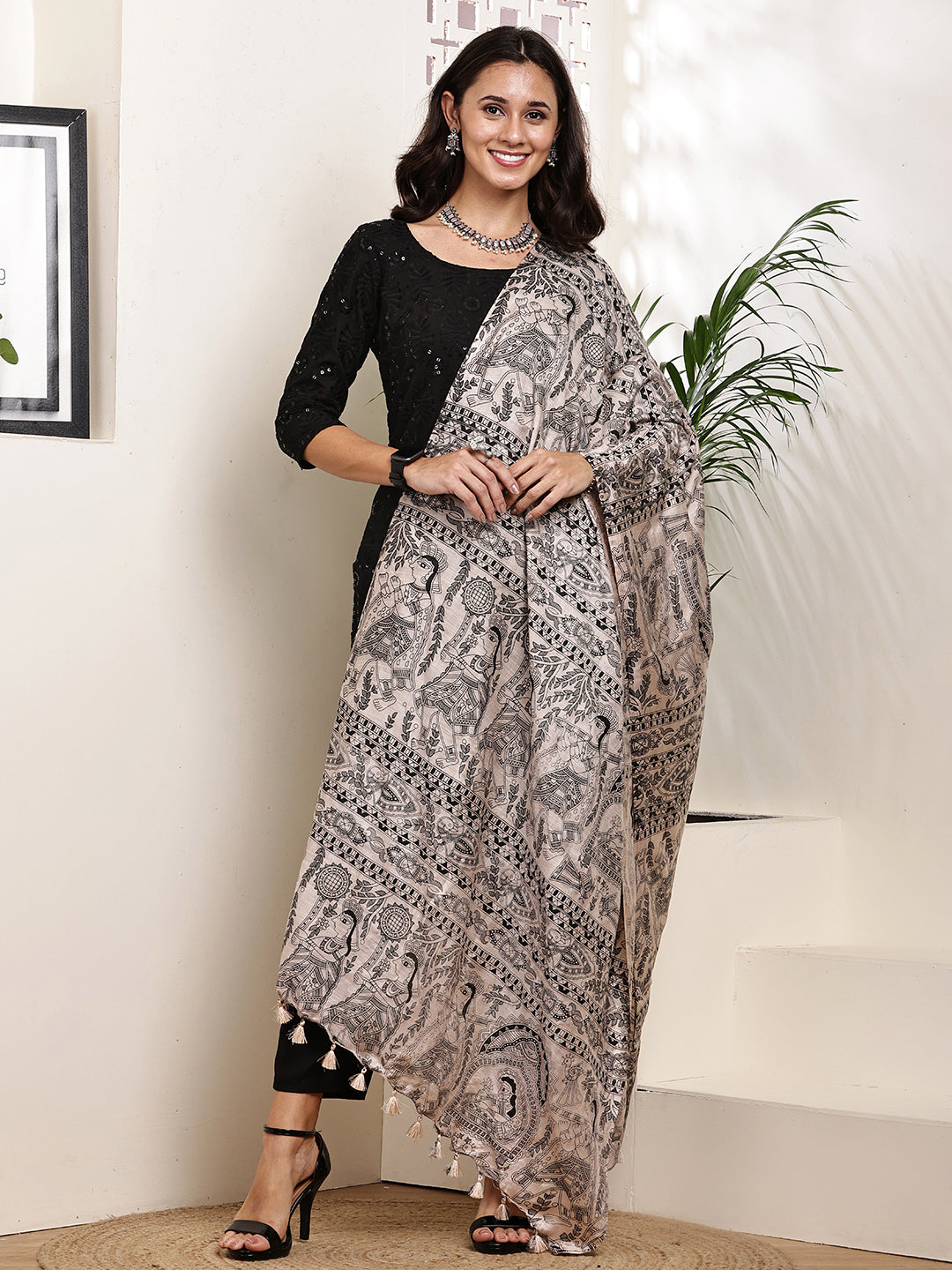 Dupatta-Bhagalpuri Katan - Madhubani Black All over