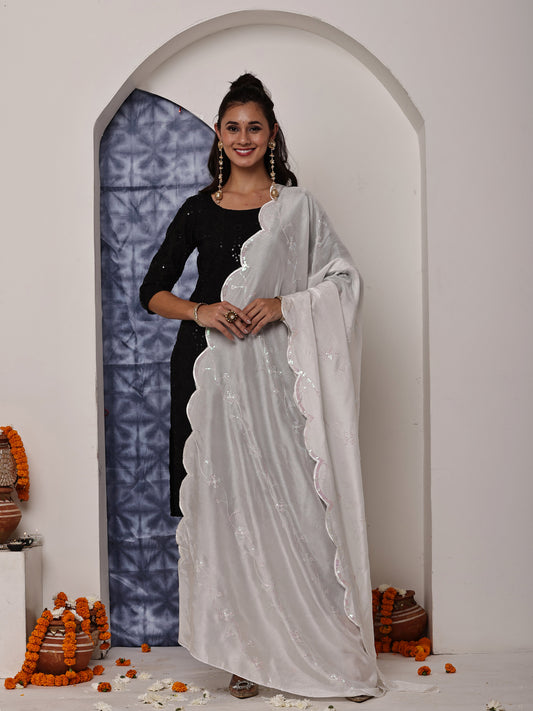 White Dyeable Sequins Embroidered Dupatta