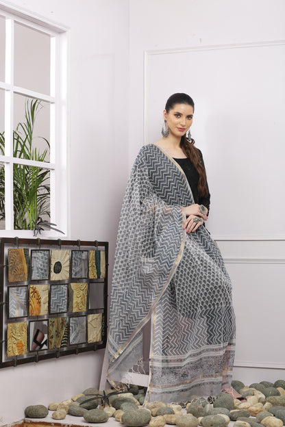 अks-Handblock Print Kota Doria Dupatta - Gold Grey Lehriya with Buta