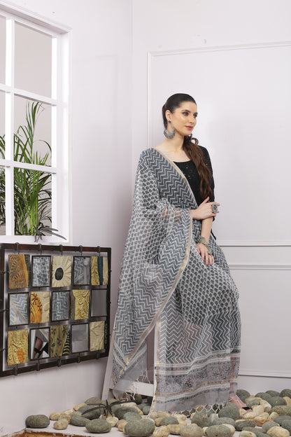 अks-Handblock Print Kota Doria Dupatta - Gold Grey Lehriya with Buta