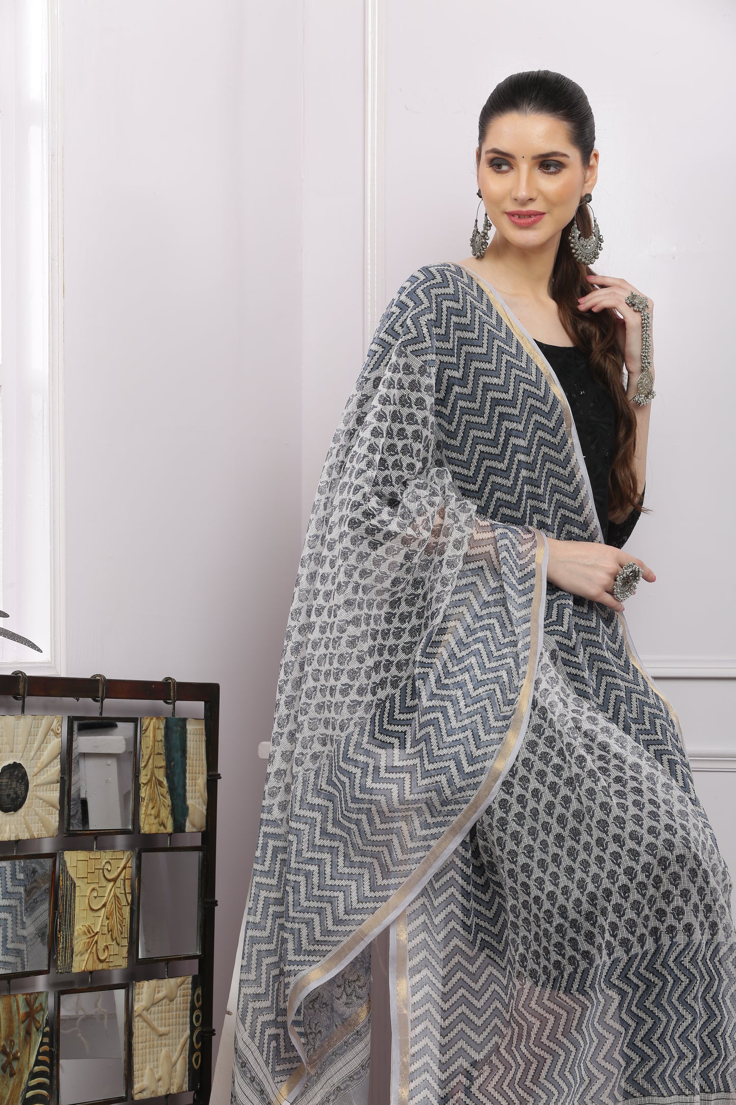 अks-Handblock Print Kota Doria Dupatta - Gold Grey Lehriya with Buta