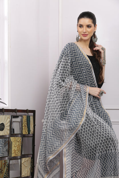 अks-Handblock Print Kota Doria Dupatta - Gold Grey Lehriya with Buta