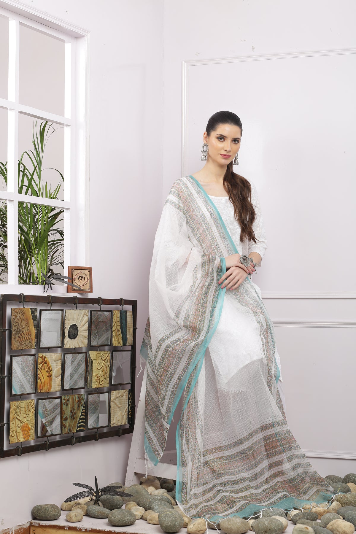 अks-Handblock Print Kota Doria Dupatta - Sea Green Floral Border