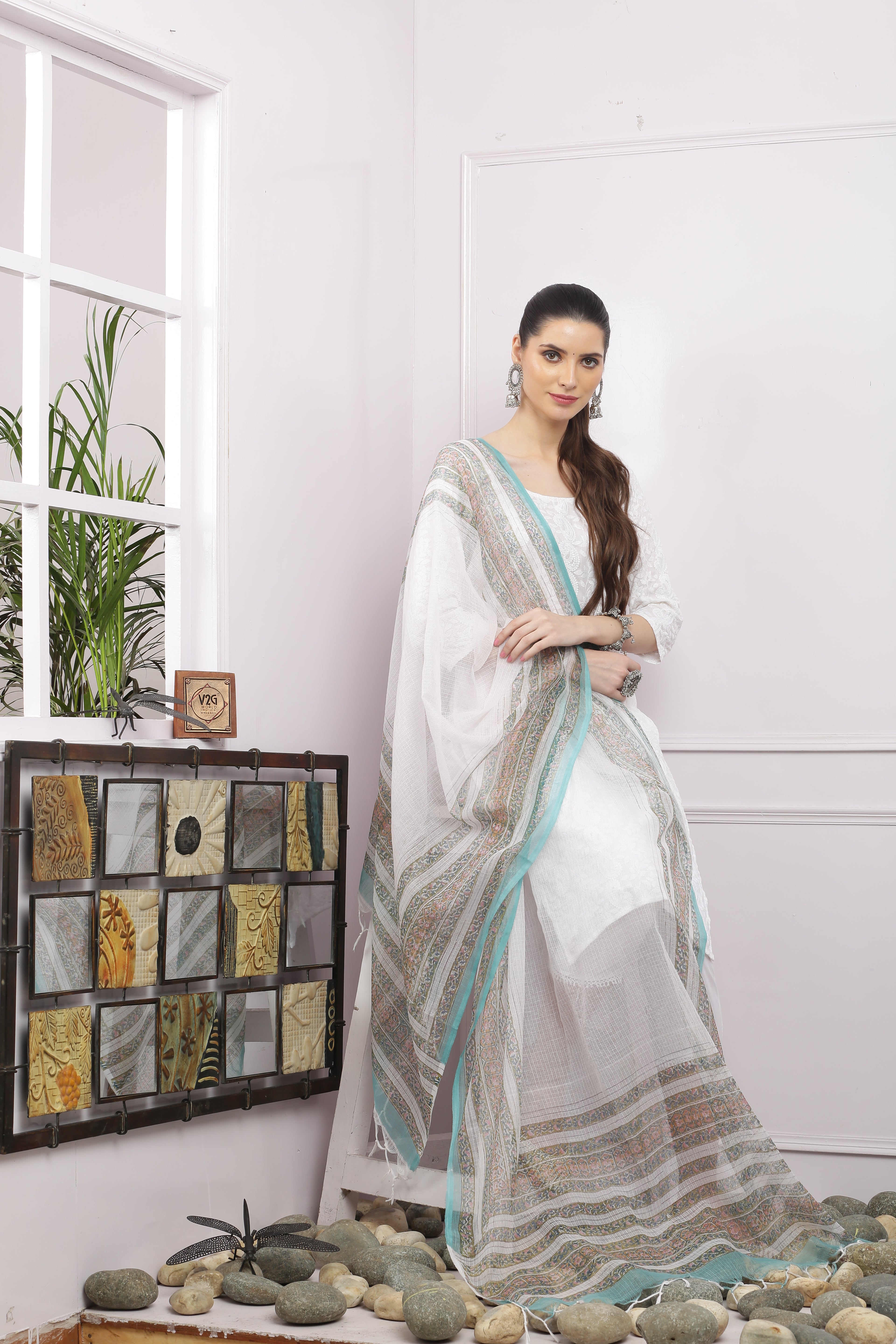 अks-Handblock Print Kota Doria Dupatta - Sea Green Floral Border