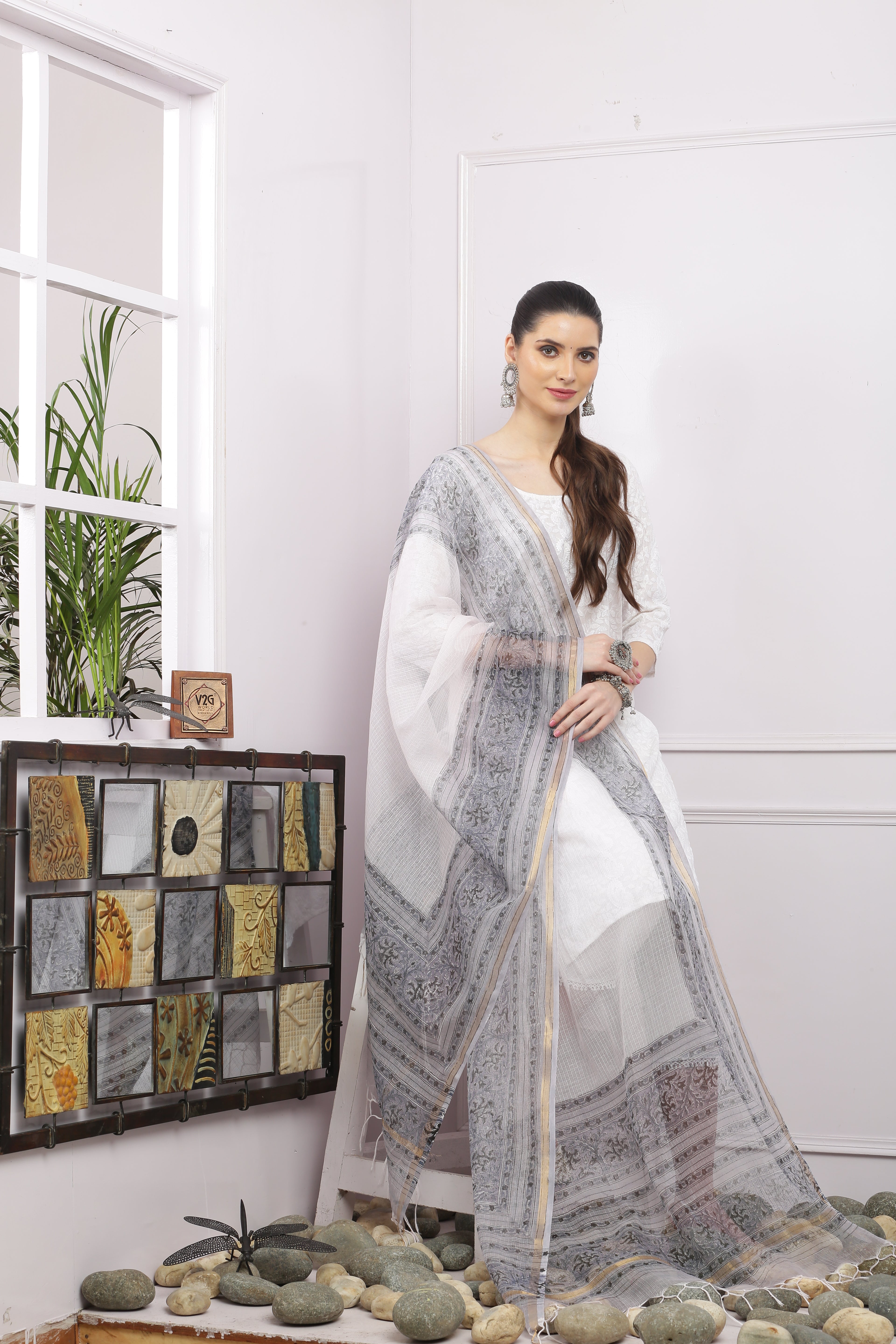 अks-Handblock Print Kota Doria Dupatta - Gold Grey Floral Border