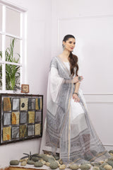 अks-Handblock Print Kota Doria Dupatta - Gold Grey Floral Border