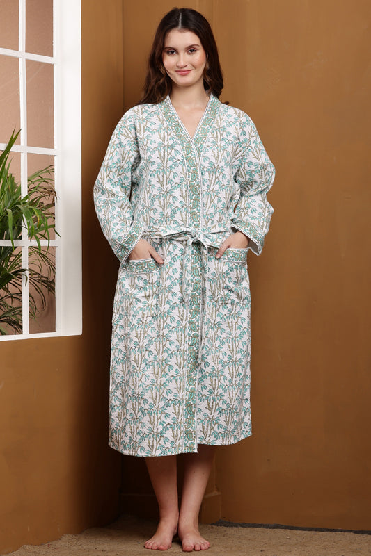 Handblock Bathrobe- Blue Leaves