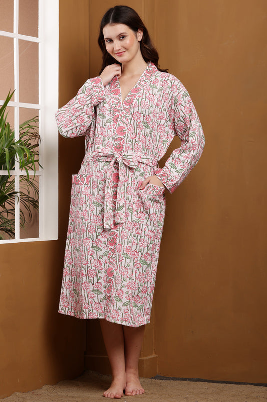 Handblock Bathrobe- Lotus Bloom