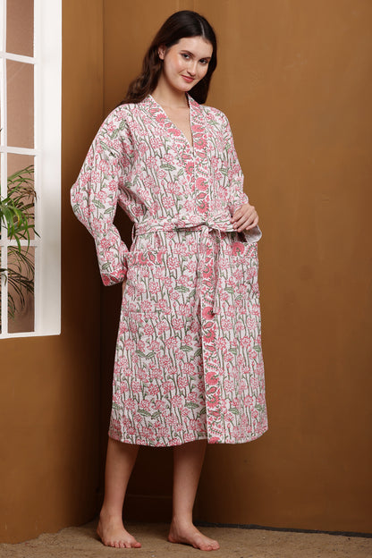 Handblock Bathrobe- Lotus Bloom