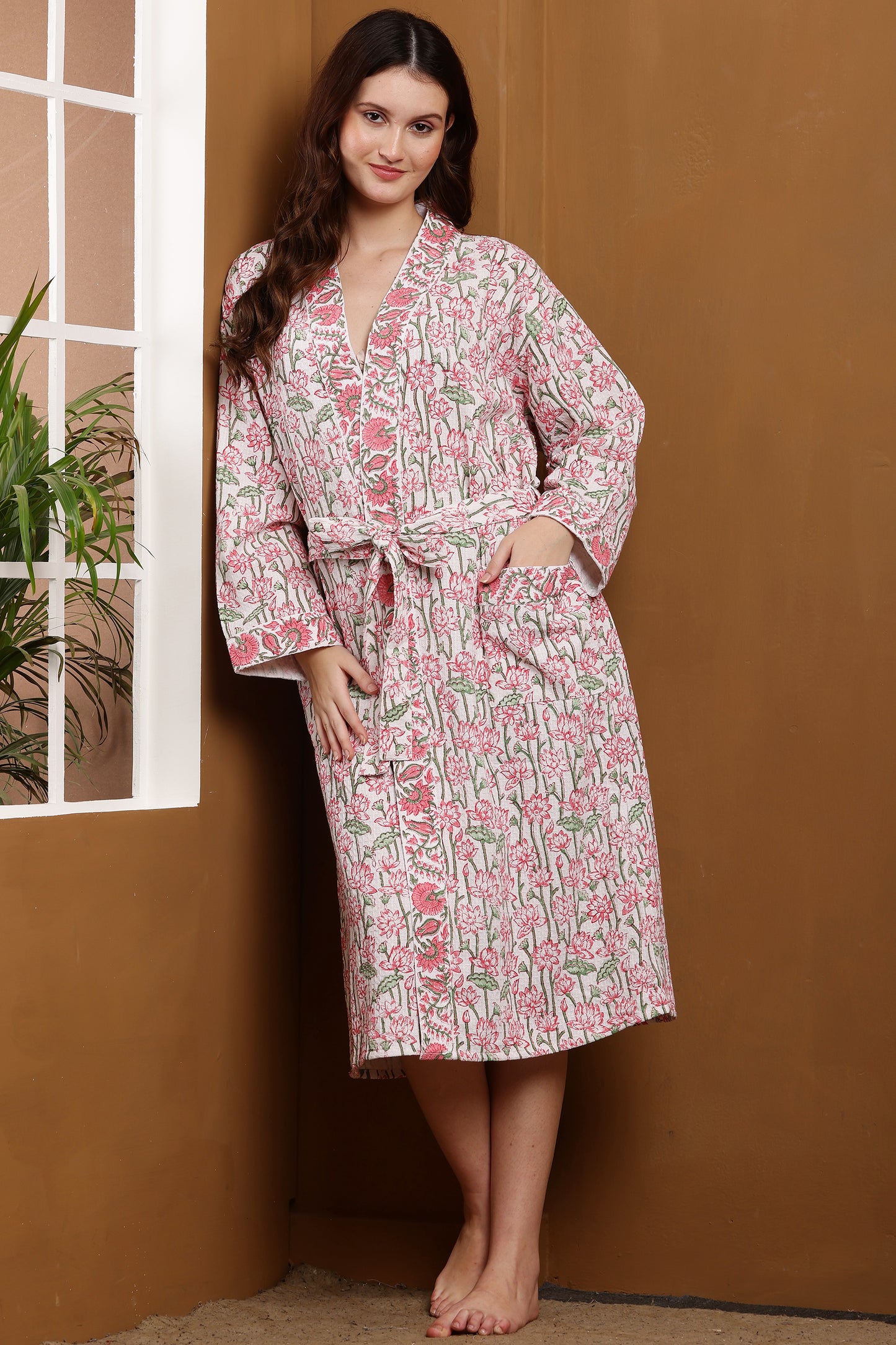 Handblock Bathrobe- Lotus Bloom