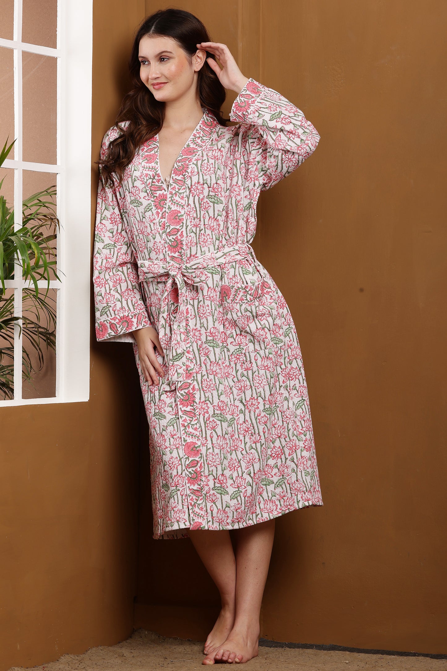 Handblock Bathrobe- Lotus Bloom