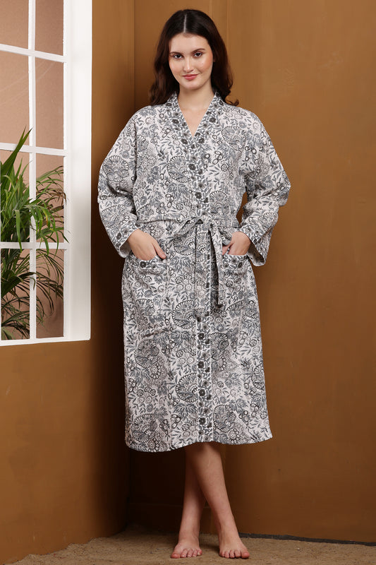 Handblock Bathrobe- Grey Tropical