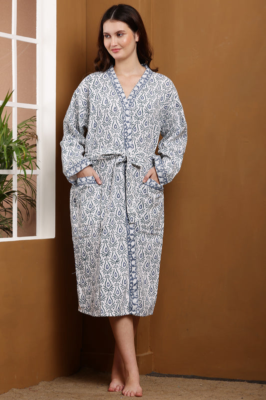 Handblock Bathrobe- Peacock Feather