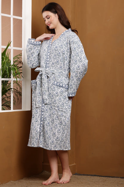 Handblock Bathrobe- Peacock Feather