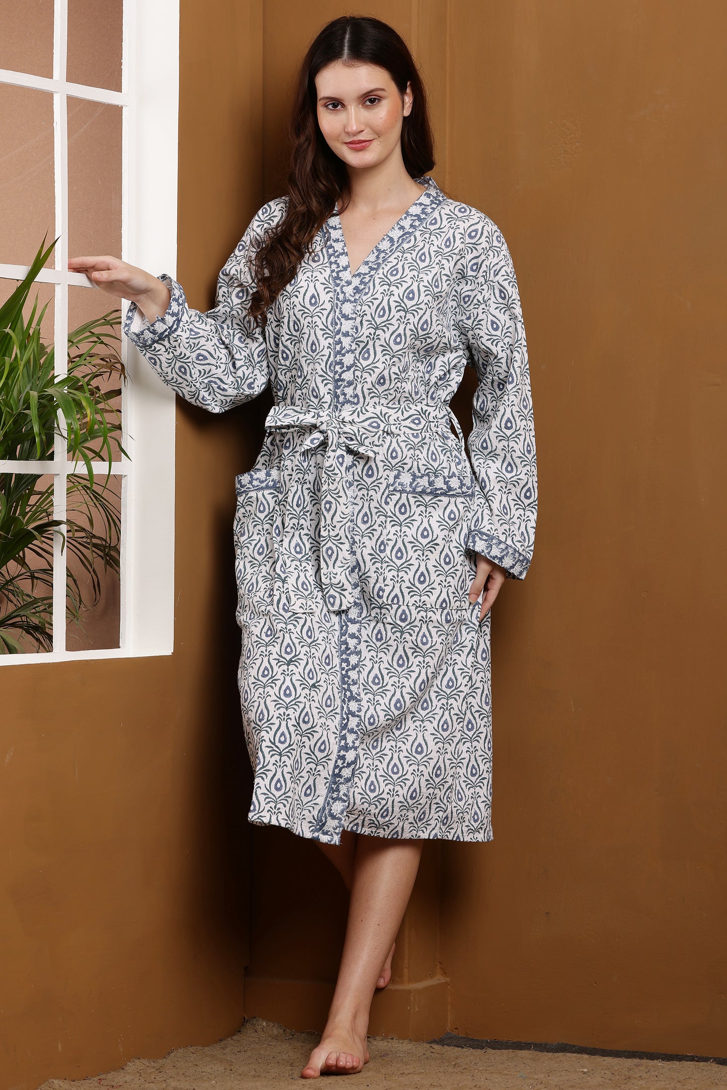 Handblock Bathrobe- Peacock Feather