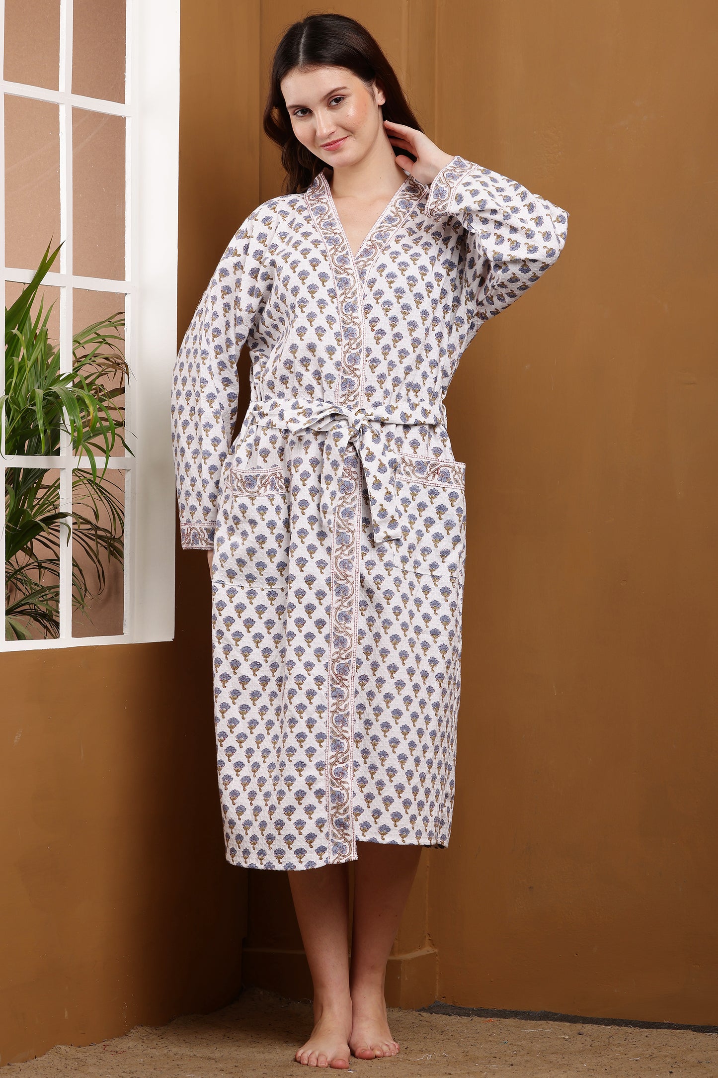 Handblock Bathrobe- Mughal Mini Buti